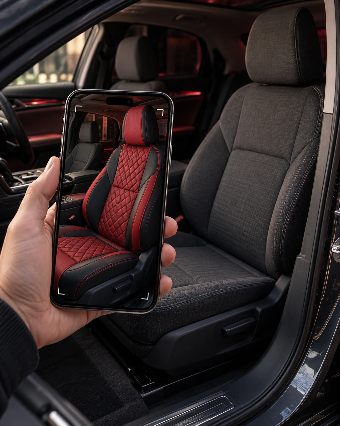 Telefon ekranında koltuk kılıfı önizlemesini anlatan artırılmış gerçeklik konsepti